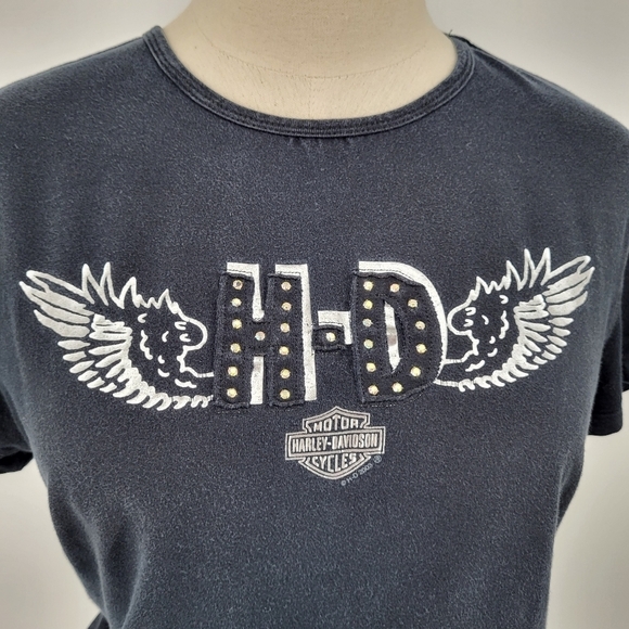 Harley Davidson Baby Tee Short Sleeve Angel Wings Studded Black Large - Picture 4 of 5